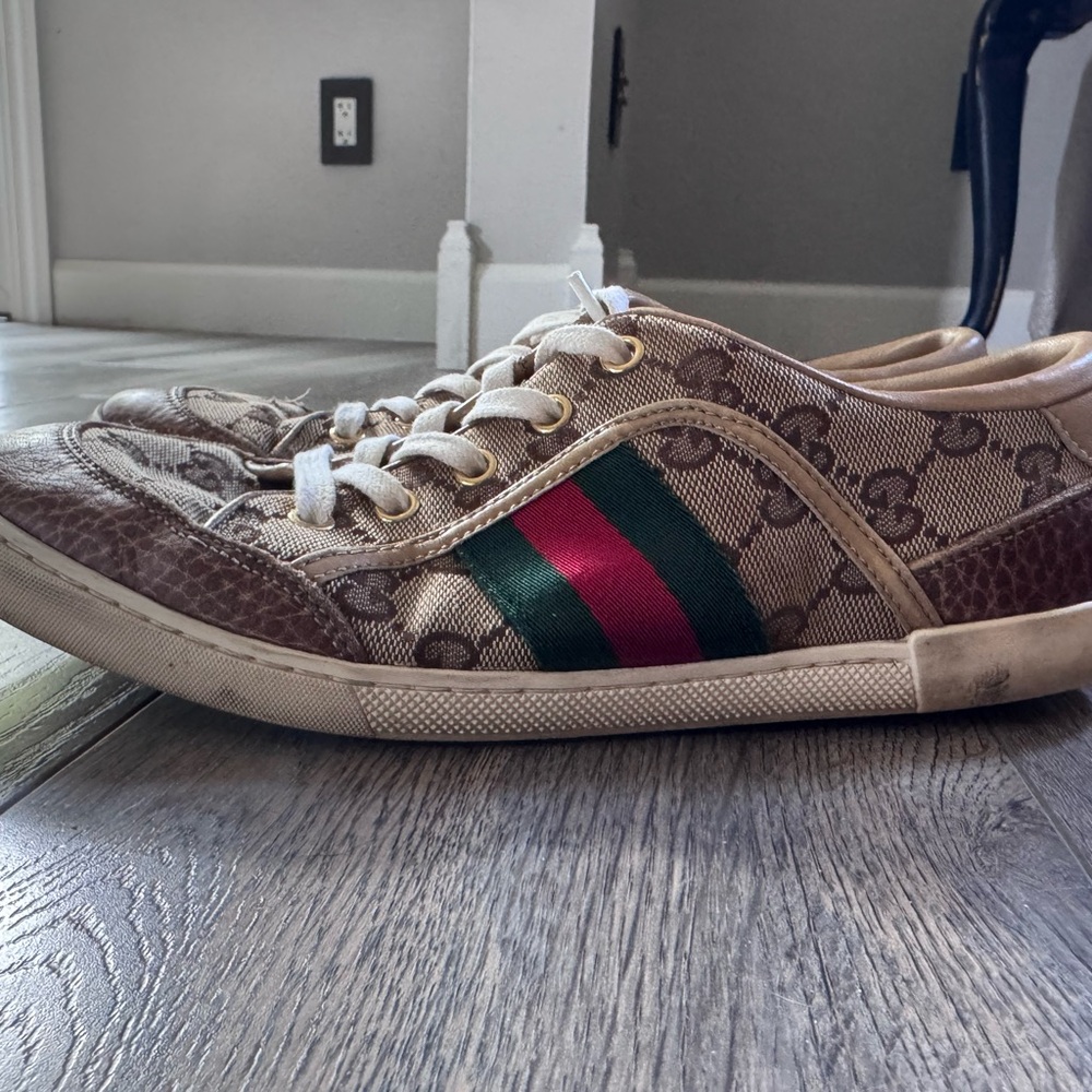 Gucci Monogram Sneakers with Red and Green Stripe